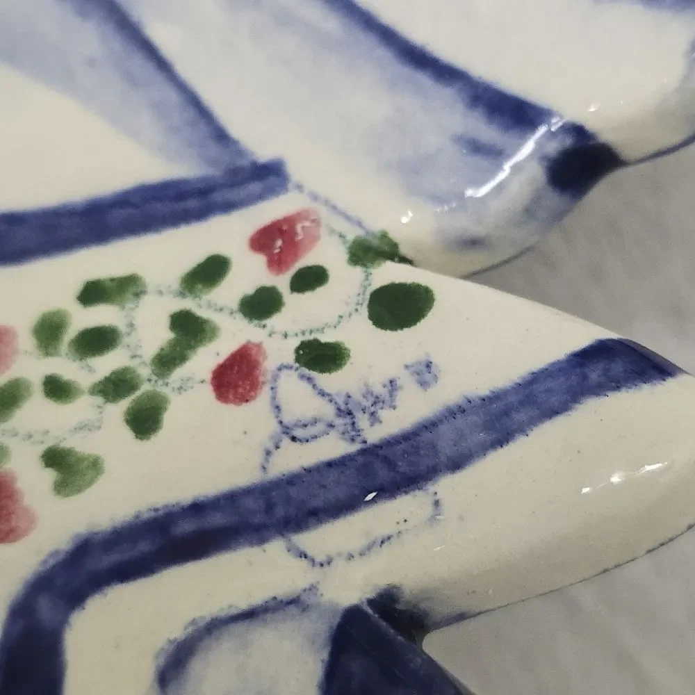Angel Watercolor Painted Plate Dish White Blue Folk Art Pottery Signed